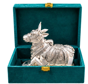 Silver plated Nandi idol in a velvet box